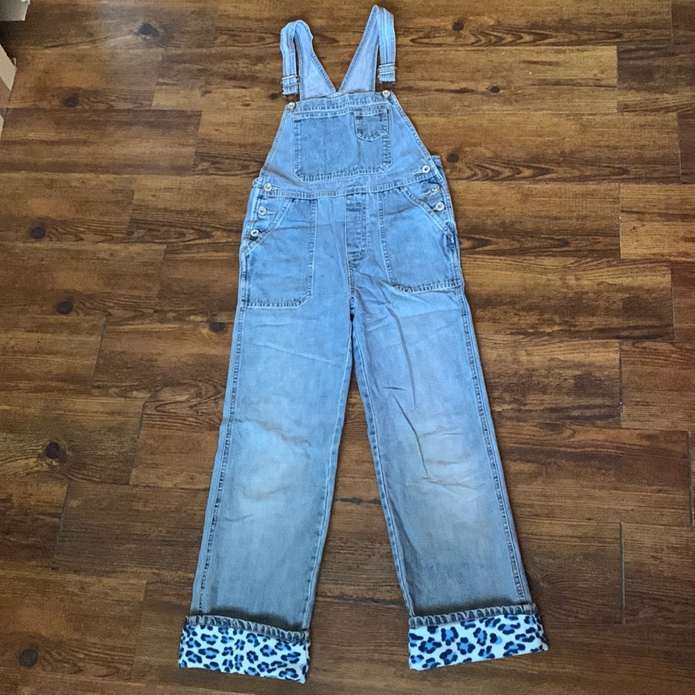 Y2K Old Navy Denim Overalls Blue Leopard Print Trim Girls 12